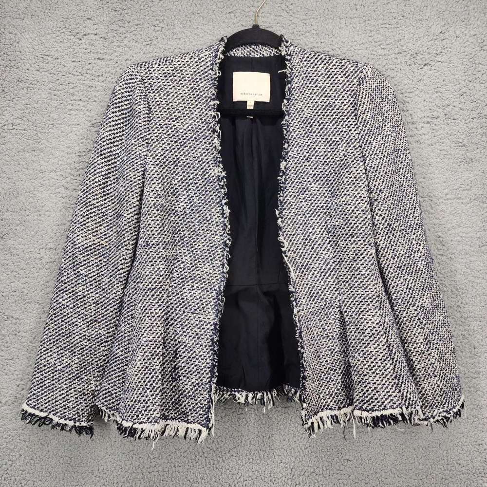 Rebecca Taylor‎ Navy White Tweed Peplum Fringe Open Front Jacket Blazer Size 6